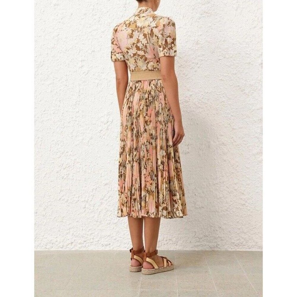 Zimmermann Pop Pleated Belted Midi Shirt Dress SS24 - Gold/Peach Floral $950 - Picture 6 of 9